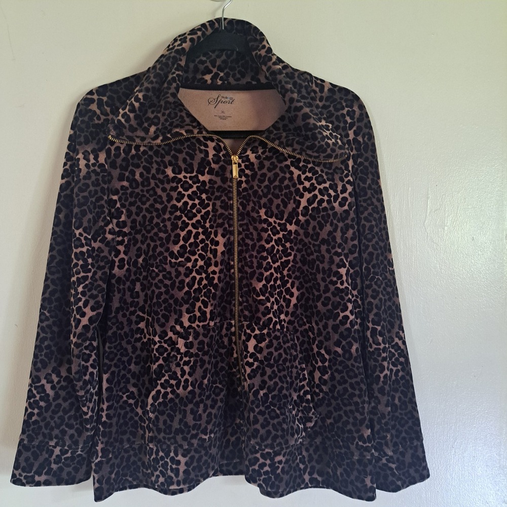 Style & Co Sport Leopard Print Velour Zip Up Track Jacket Petite XL Brown Black